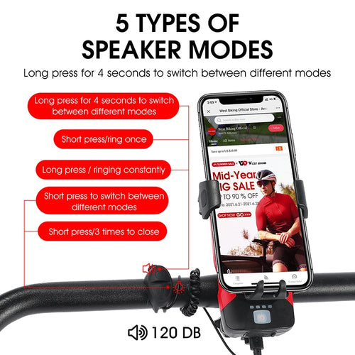 Load image into Gallery viewer, Multifunctional Bike Light Phone Holder Bicycle Horn Bell Power Bank USB Rechargeable LED Lamp Cycling Accessories
