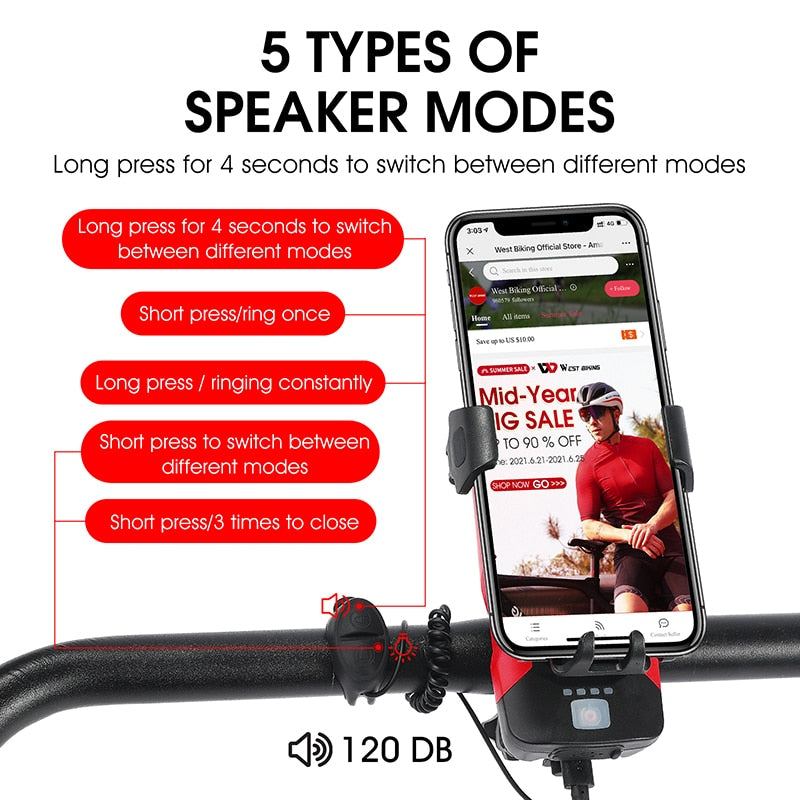 Multifunctional Bike Light Phone Holder Bicycle Horn Bell Power Bank USB Rechargeable LED Lamp Cycling Accessories