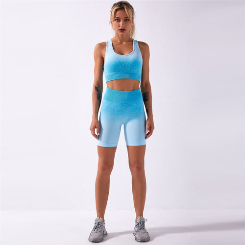 Load image into Gallery viewer, Ombre Seamless 2 Pieces Set Women Suit Gym Workout Clothes Sport Bra Fitness Crop Top And Shorts Pants Leggings Yoga Set A014TS

