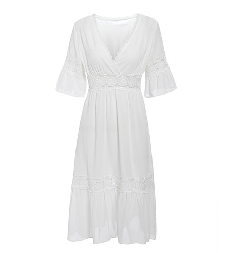 Sexy V-Neck Lace Elegant Hollow Ruffle Sleeve Maxi Dress-women-wanahavit-White-L-wanahavit