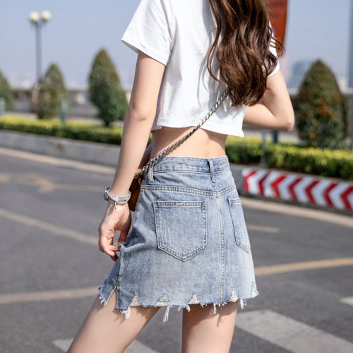 Load image into Gallery viewer, Ripped Women Denim Skirt Summer High Waist Lined Jean Mini Skirt Korean A Line Casual Tassel Fashion Pocket Short Skirts
