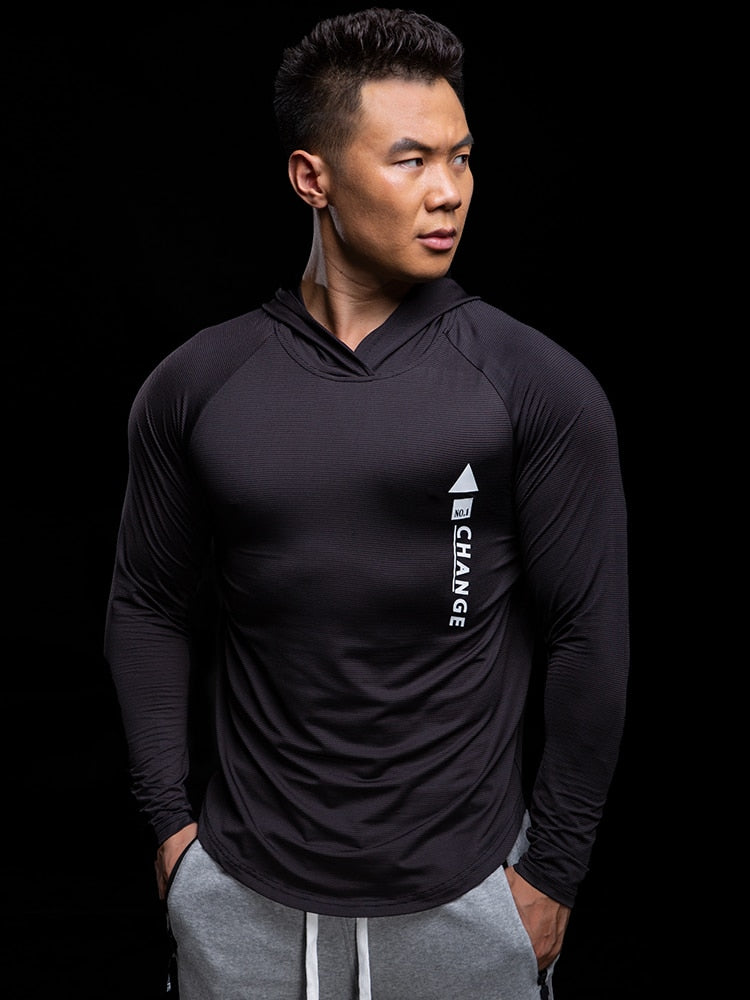 Running Jacket Men Fitness Hooded Long Sleeve Gym Training Sweatshirts Tight Hoodies Bodybuilding High Quality Sportswear Tops