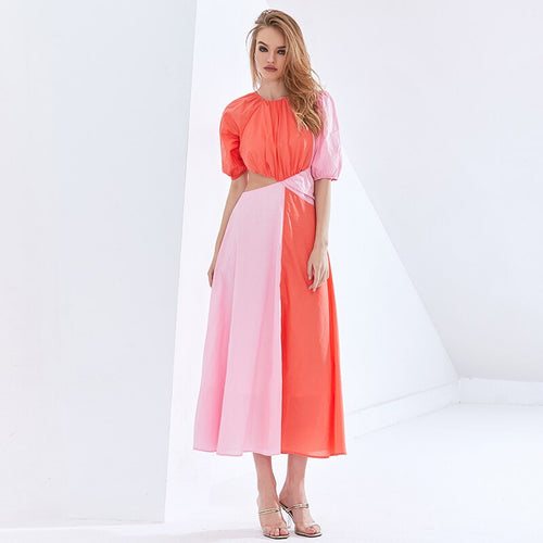 Load image into Gallery viewer, Patchwork Hit Color Asymmetrical Summer Dress For Female Puff Sleeve High Waist Hollow Out Dresses Women
