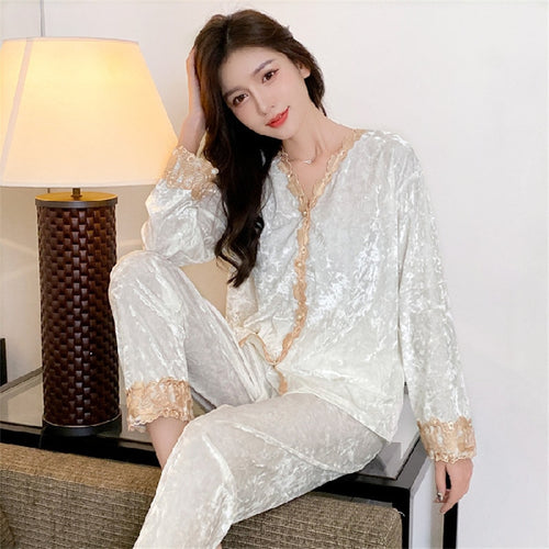 Load image into Gallery viewer, High Quality Women&#39;s Pajamas Set Velvet Sleepwear Casual Homewear Lace V Neck Nightwear Plus Size Nightie пижама женская
