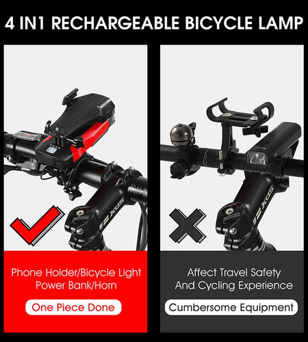 Multifunctional Bike Light Phone Holder Bicycle Horn Bell Power Bank USB Rechargeable LED Lamp Cycling Accessories