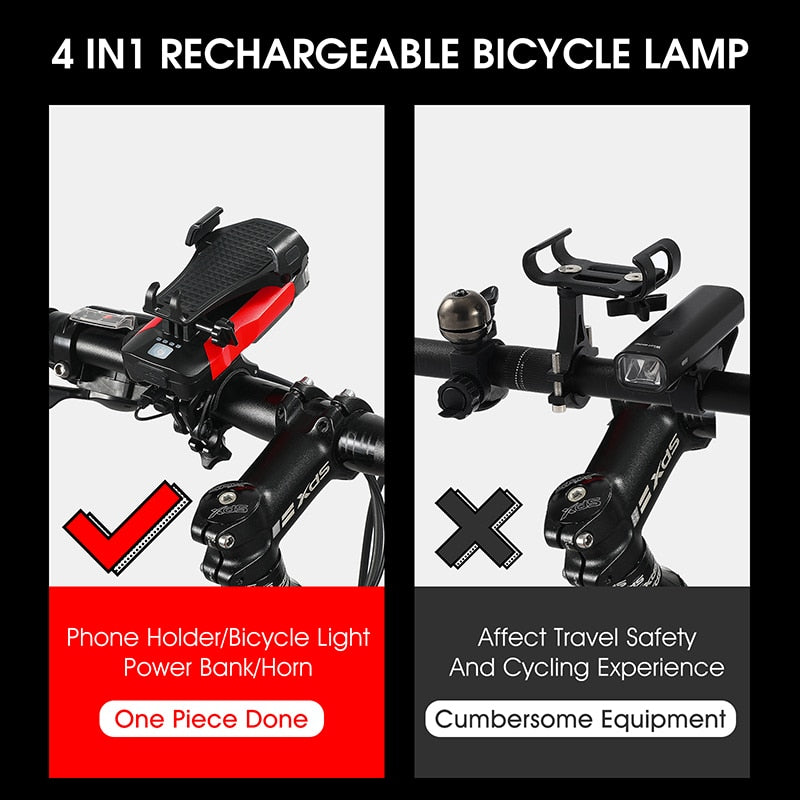 Multifunctional Bike Light Phone Holder Bicycle Horn Bell Power Bank USB Rechargeable LED Lamp Cycling Accessories