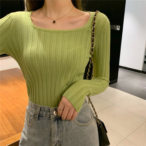 Load image into Gallery viewer, Soft Women Sweater Autumn Slim Long Sleeve Pullover Jumper Knitted Square Collar Korean Elastic Ladies Korean Basic Blouse
