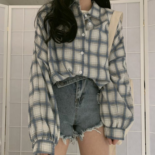 Load image into Gallery viewer, Autumn Women Plaid Shirt Oversized Lantern Sleeve Vintage Turn Down Collar Ladies Casual Vintage Button Up Loose Tops
