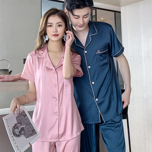 Load image into Gallery viewer, Women&#39;s Pajamas Set Luxury Fashion Lovers Sleepwear Couple Nightwear Silk Like Female Male Home Clothes Suit for Men
