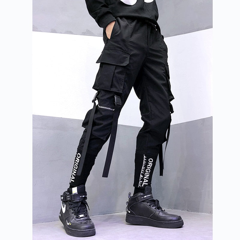 Camouflage Tactical Functional Cargo Pants Joggers Men Ribbons Multi-pocket Trousers Hip Hop Streetwear Harem Pant Black WB236