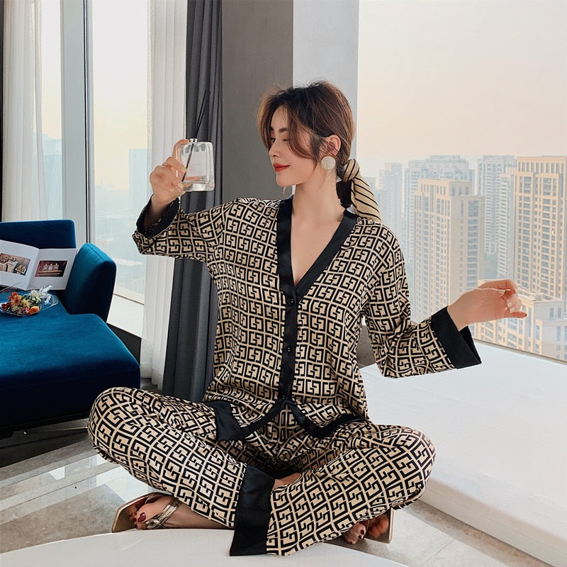 2pcs Women's Pajamas Sets Woman Pajama Summer V Neck Design Suit Long Sleeve Trousers Set Home Clothes Sexy Satin Silk Pijamas