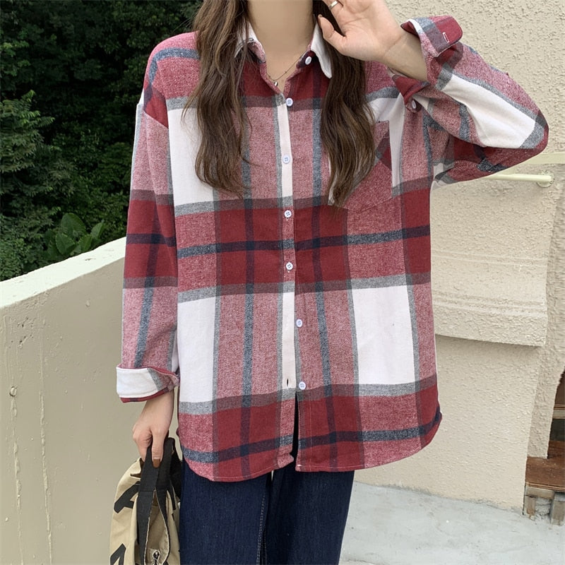 Vintage Women Plaid Shirts Designed Thick Long Sleeve Oversize Ladies Button Up Shirt Turn Down Collar Fall Female Tops