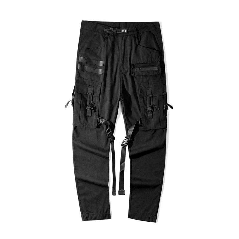 Tactical Functional Cargo Pants Joggers Men Black Ribbon Design Trousers Hip Hop Streetwear Multi-pocket Pants Techwear WB351