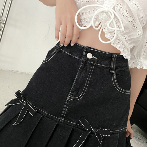 Load image into Gallery viewer, Denim Women Pleated Skirt High Waist Summer Black Bow A Line Mini Skirt Vintage Harajuku Casual Pocket Jeans Girls Skirt
