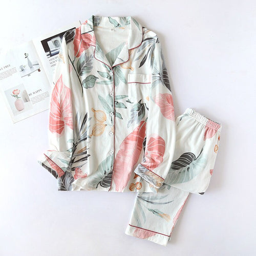 Load image into Gallery viewer, High Quality Women&#39;s Pajamas Set Fresh Leaves Print Sleepwear Natural Cotton Nightwear Leisure Home Clothes for Summer
