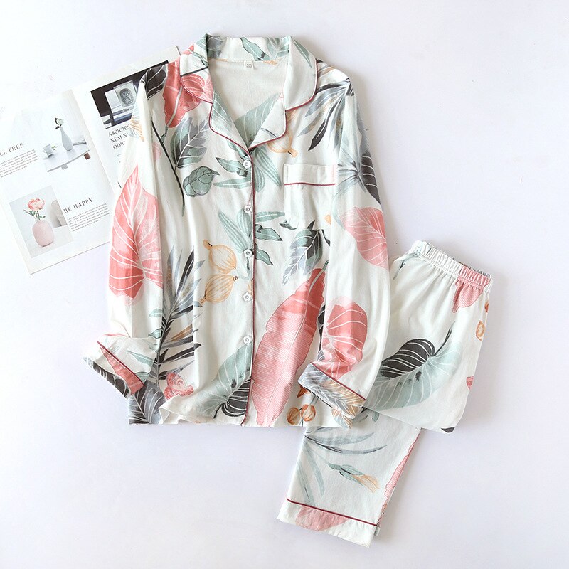 High Quality Women's Pajamas Set Fresh Leaves Print Sleepwear Natural Cotton Nightwear Leisure Home Clothes for Summer