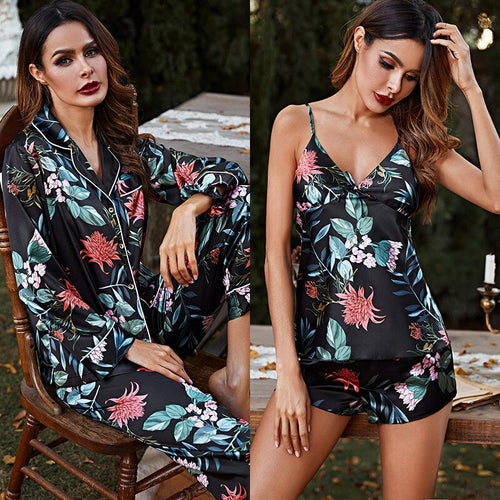 Load image into Gallery viewer, High Quality Women&#39;s Pajamas 7 Piece Set Flower Print Black Sleepwear Silk Like Leisure Home Clothes Sling Top Shorts
