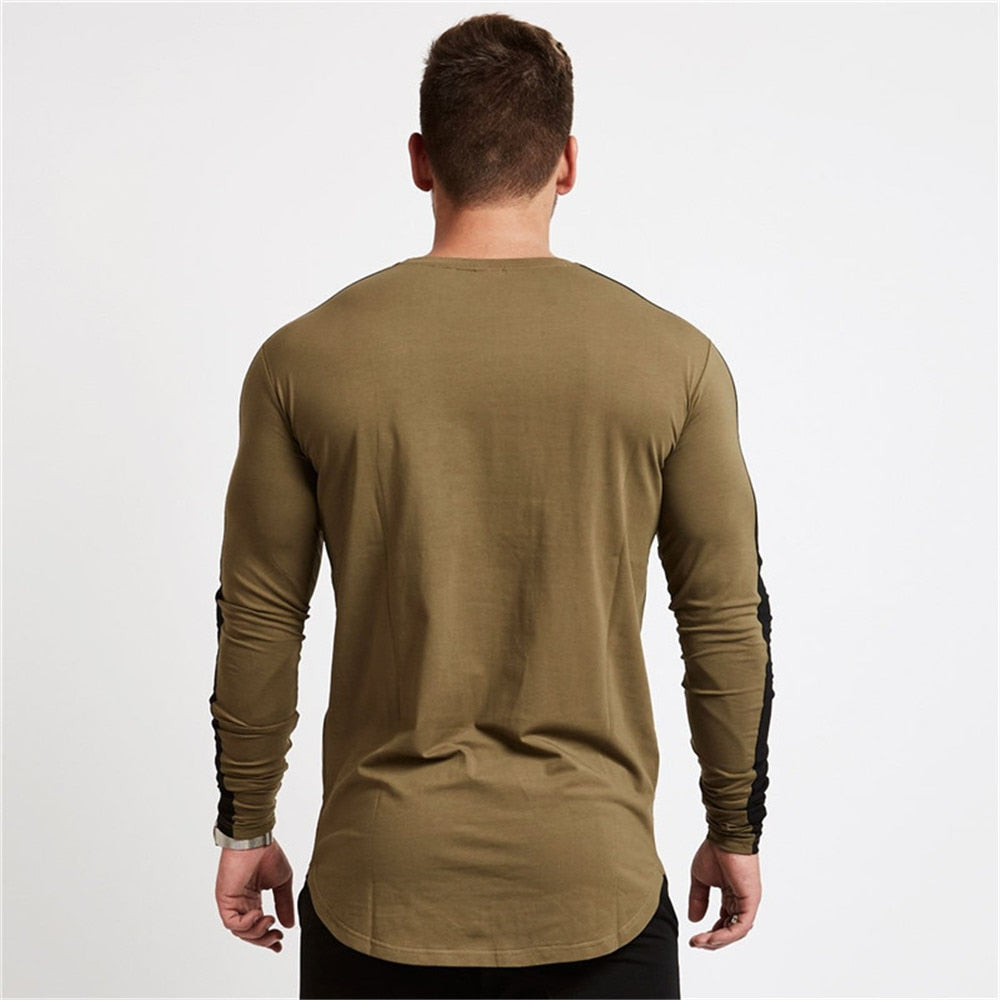 Casual Long Sleeve T-shirt Men Fitness Cotton Shirt Male Gym Workout Skinny Tee Tops Army Green Autumn Running Sport Clothing