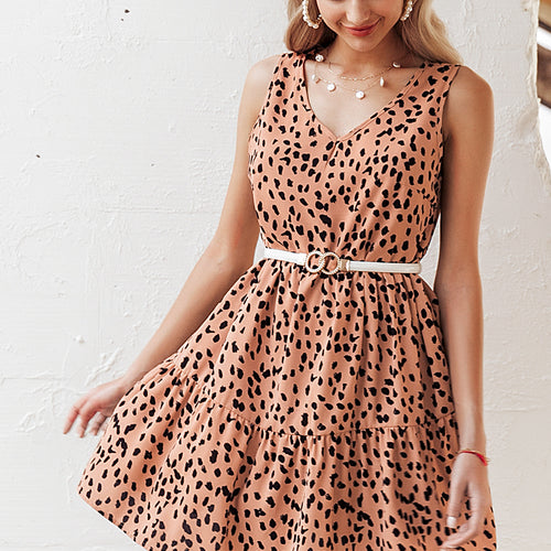 Load image into Gallery viewer, V-Neck Sleeveless Casual Dot Print Loose Leopard Dress-women-wanahavit-Pink-S-wanahavit
