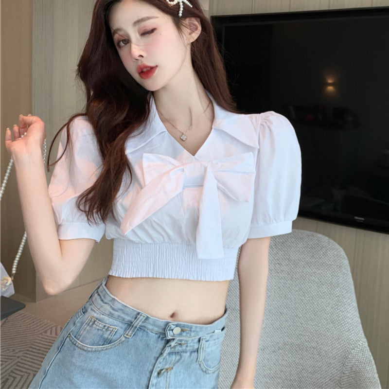 Elegant Tunic Women Blouse Summer Short Sleeve White Korean Bow Knot Ladies Crop Tops Fashion European Style Chic Tops