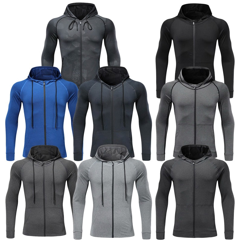 Men Fitness Sport Jacket Gym Running Hoodies Male Sportswear Workout Coat Jogging Hooded Shirt Outdoor Sweatshirt MMA Dry Fit