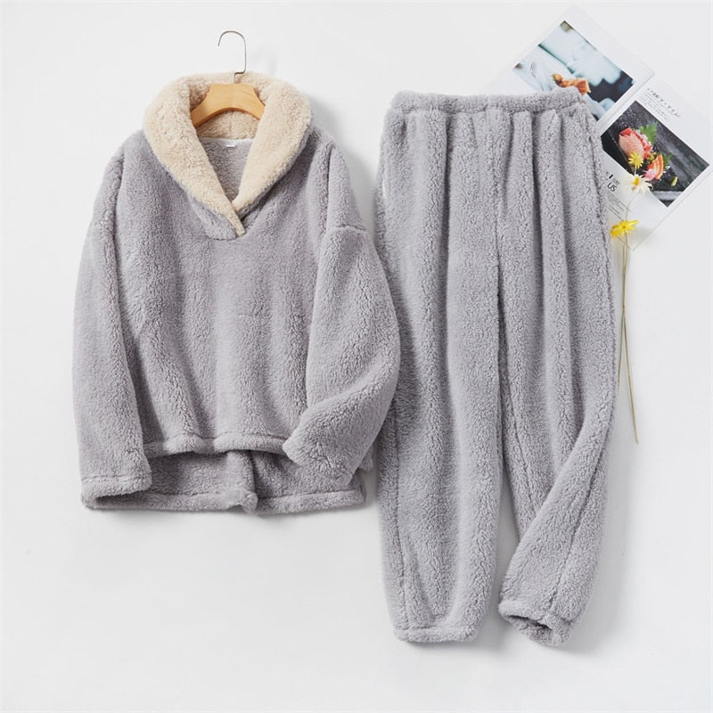 Women's Pajamas Set Thick Flannel Sleepwear Casual Coral Fleece Homewear Turn-Down Collar Home Suit Pyjamas Femme