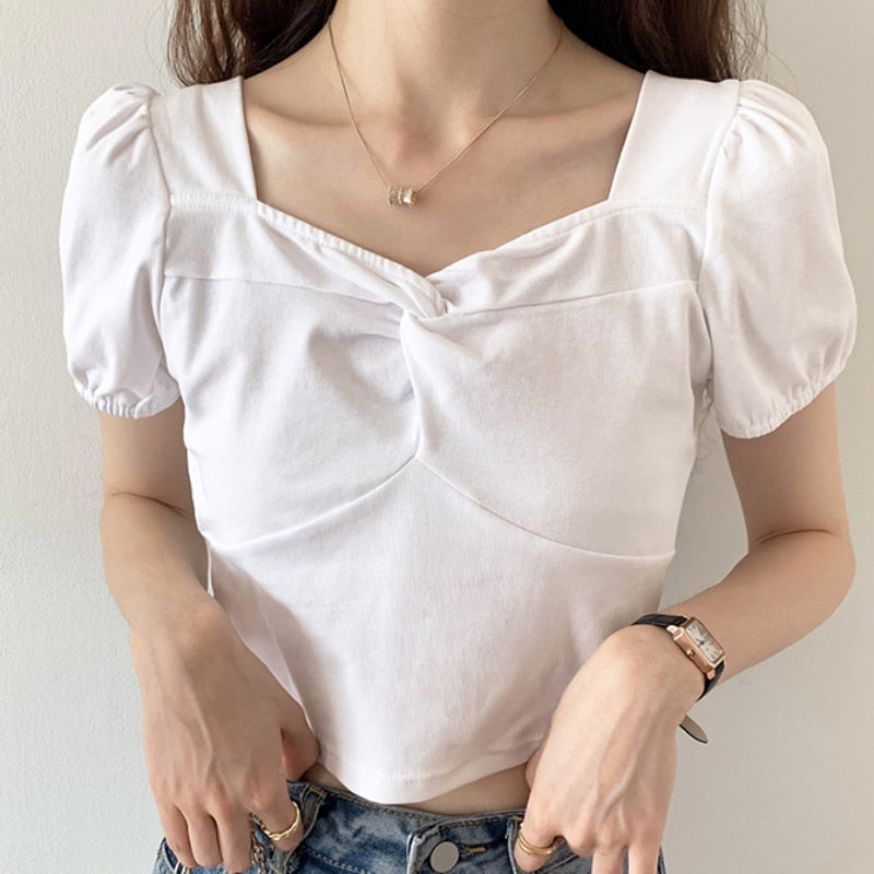 Korean Women Blouse Summer Square Collar White Short Sleeve Summer Pullover Crop Tops Designed Ladies Casual Shirts