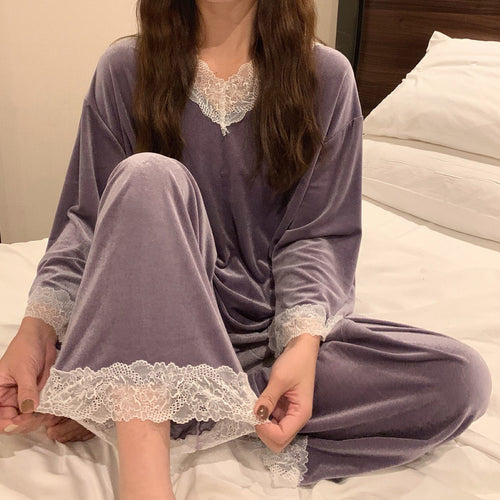 Load image into Gallery viewer, Women&#39;s Pajamas Set V Neck Lace Cuff Velvet Sleepwear Casual Homewear Loose Nightwear Luxury Pyjamas Femme Oversize
