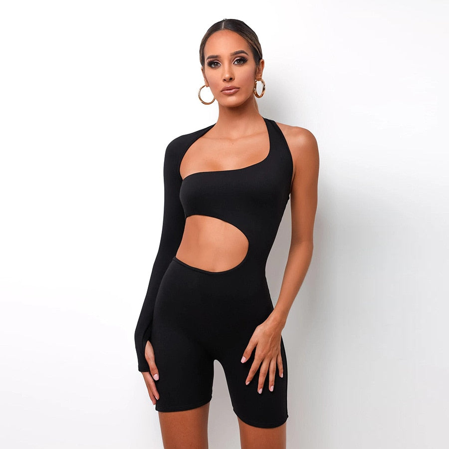 Summer Autumn Women Sexy Fitness Jumpsuit One Shoulder Skinny Bodycon Solid Sport Romper Playsuit