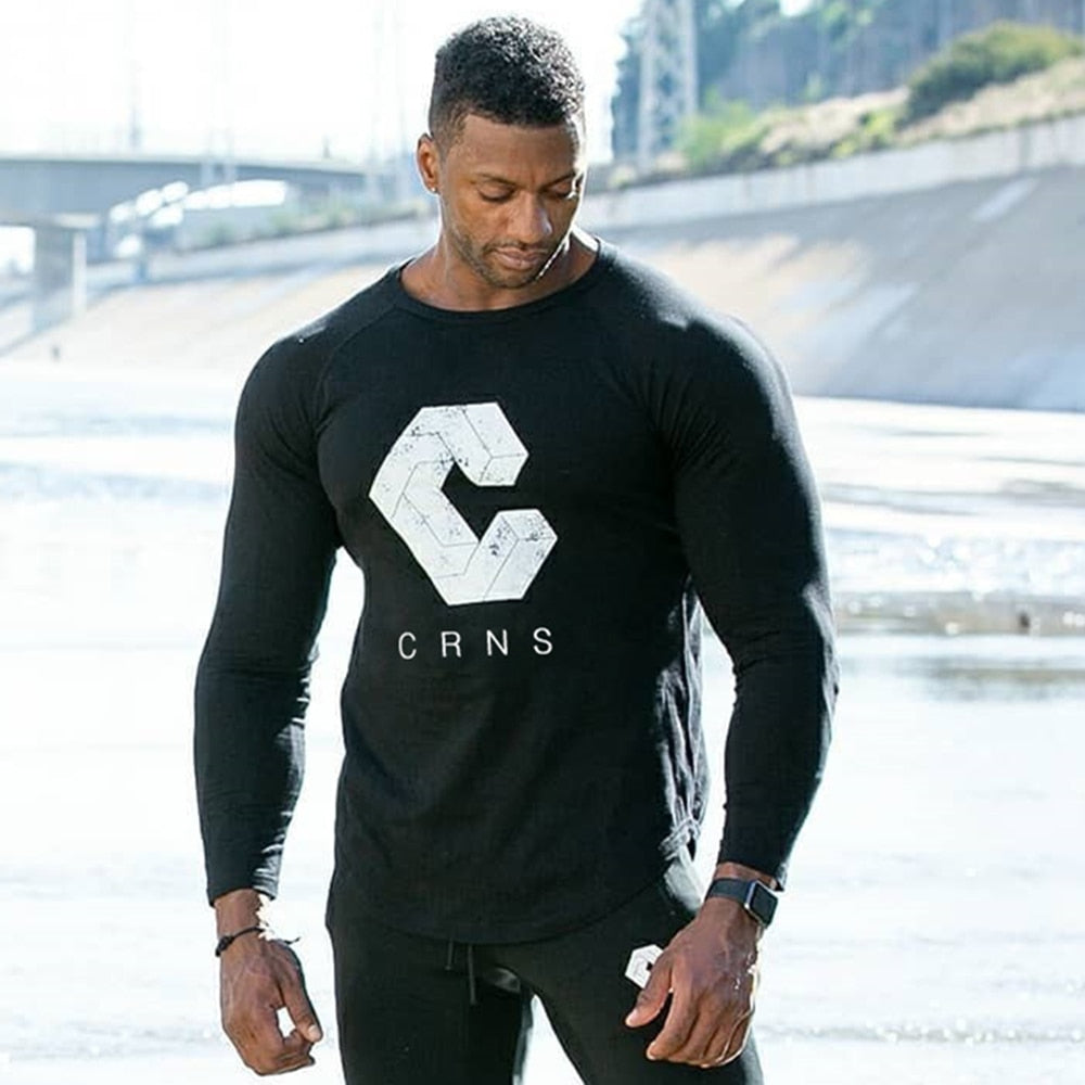 Casual Skinny Long sleeves t shirt Men Gym Fitness Bodybuilding Cotton Print T-shirt Male Workout Black Tees Tops Brand Clothing