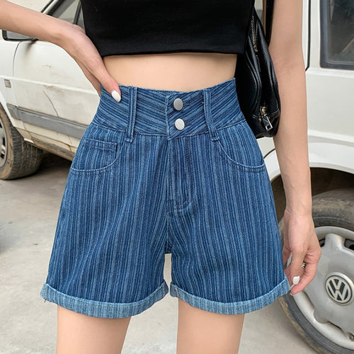 Load image into Gallery viewer, Fashion Striped Denim Shorts Summer High Waist Loose  Wide Leg Short Jean Casual Blue Korean Fashion Pocket Girls Jean
