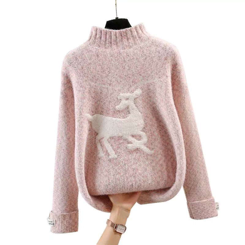 Winter Christmas Women Sweater Half Turtleneck Sweater Cartoon Pullover Knit Coat Casual Letter Long Sleeve Ladies Jumper