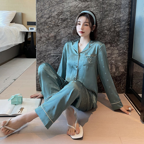 Load image into Gallery viewer, Women&#39;s Pajamas Set V Neck Luxury Style Fashion Heart Embroidered Sleepwear Silk Like Home Suit Nightwear Pijama Femme
