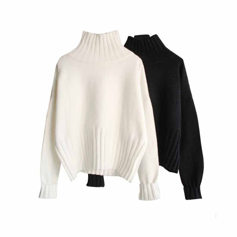 Large Size Women Turtleneck Pullover Sweater Autumn Winter Loose Knitted Jumper Thick Long Sleeve Black White Sweater Coat