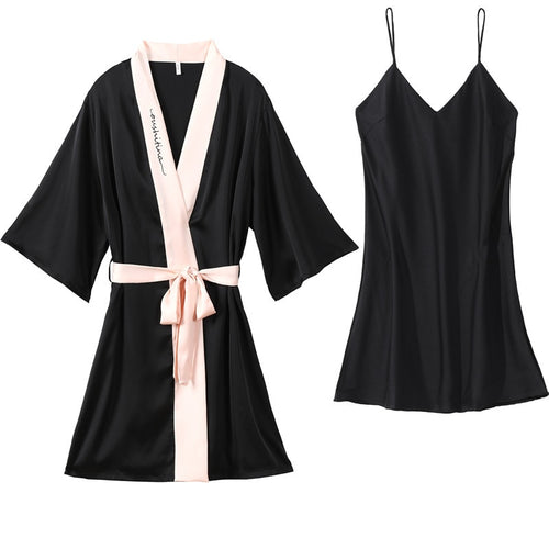 Load image into Gallery viewer, Summer Women&#39;s Pajamas Robe Set Fashion Hit Colors Bathrobe Sleepwear Silk Like Leisure Home Clothes Sling Dress
