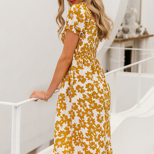 Load image into Gallery viewer, Flower Spring Puff Sleeve High Waist Ruffled A-line Midi Boho Dress-women-wanahavit-Yellow-S-wanahavit
