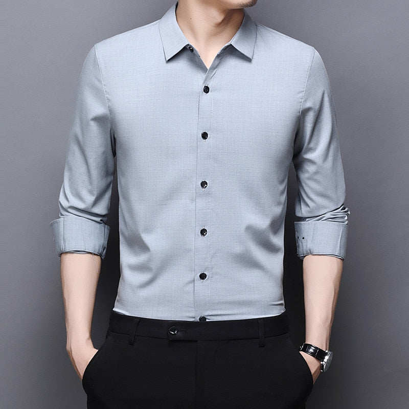 Top Quality Fashion Brand  Slim Fit Mens Fashion Dress Shirts Formal Long Sleeve Solid Color Casual Korean Dress Clothes