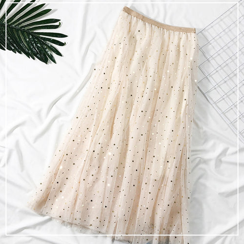 Load image into Gallery viewer, Elegant Korean Women Tulle Skirt Fashion Sequin Star Summer Mesh Ladies Long Skirt Elastic High Waist Party White Skirt
