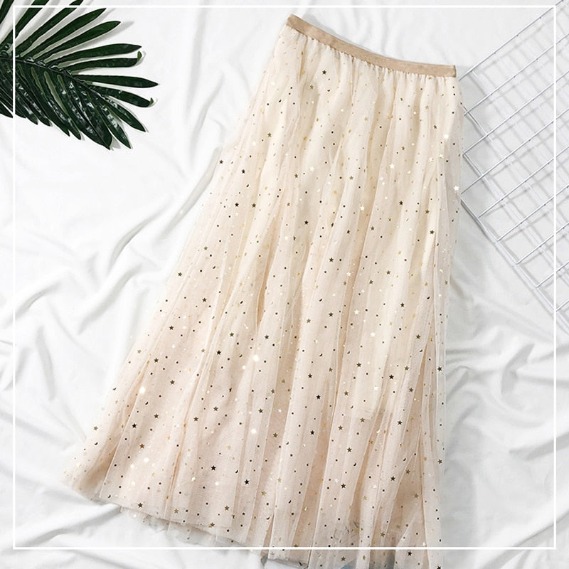 Elegant Korean Women Tulle Skirt Fashion Sequin Star Summer Mesh Ladies Long Skirt Elastic High Waist Party White Skirt