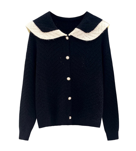 Patchwork Women Cardigan Sweater Harajuku Fashion Sailor Collar Pearl Button Knitted Jacket  Fall Casual Female Coats