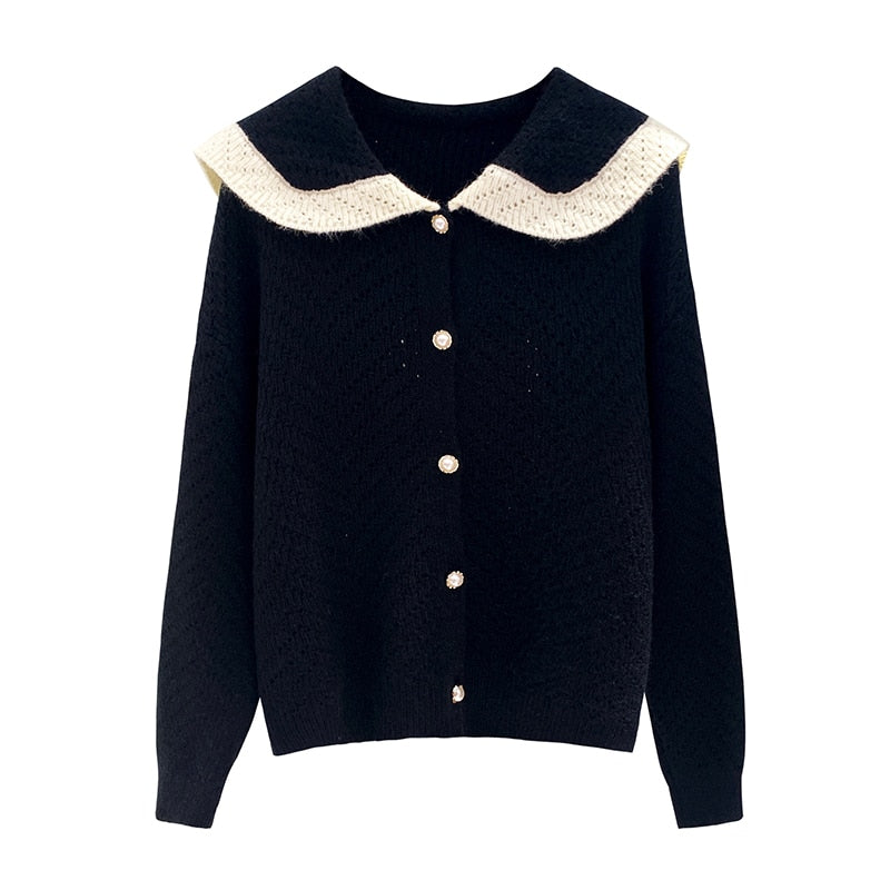 Patchwork Women Cardigan Sweater Harajuku Fashion Sailor Collar Pearl Button Knitted Jacket  Fall Casual Female Coats
