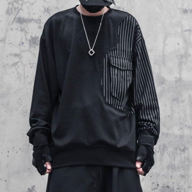 Men Striped Patchwork Hip Hop Sweatshirt Streetwear Fashion Harajuku O-Neck Pullover Loose Tops Men Clothing