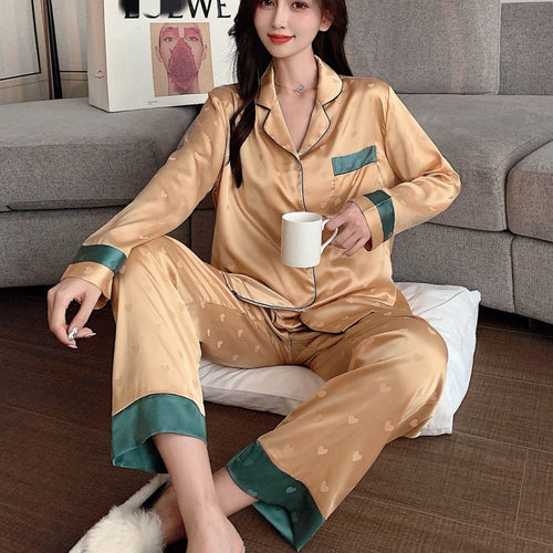 Load image into Gallery viewer, Women&#39;s Pajamas Set Fashion Sweet Heart Print Sleepwear Silk Like Nightie Leisure Home Clothes Nightwear Pyjamas Femme
