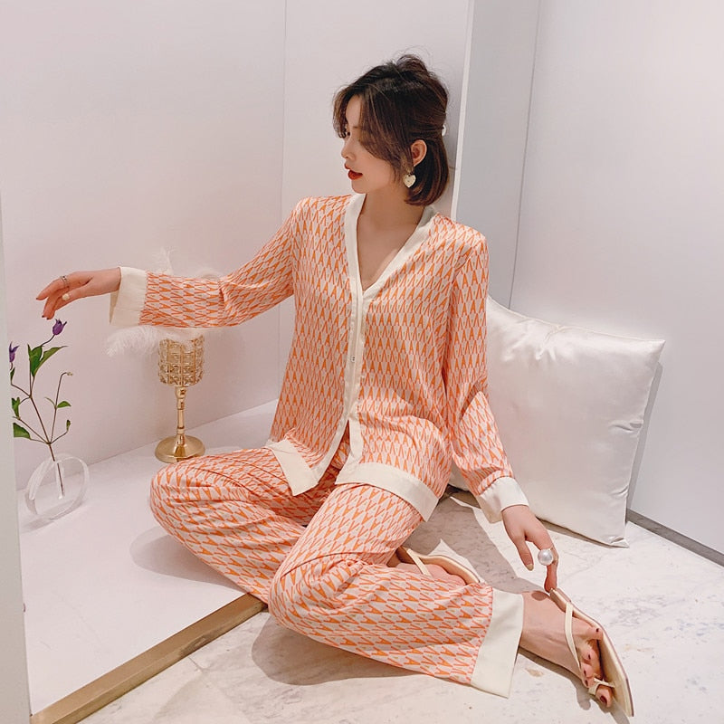 2pcs Women's Pajamas Sets Woman Pajama Summer V Neck Design Suit Long Sleeve Trousers Set Home Clothes Sexy Satin Silk Pijamas
