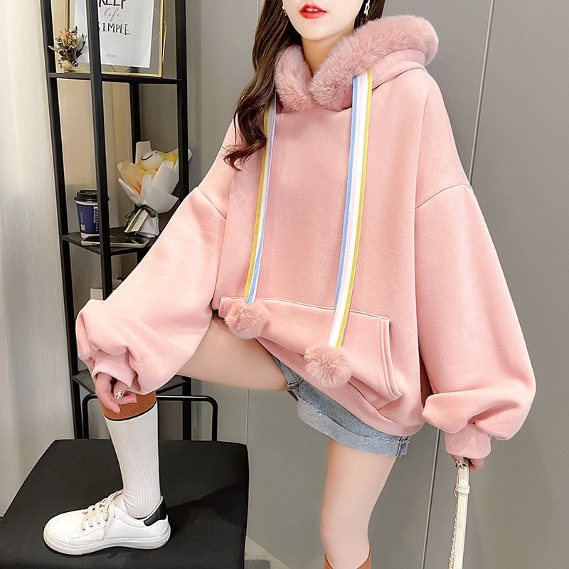 Winter Warm Women Hoodies Thick Sweet Faux Fur Hooded Wool Liner Loose Japan Girls Oversize Sweatshirt Casual Pink Tops