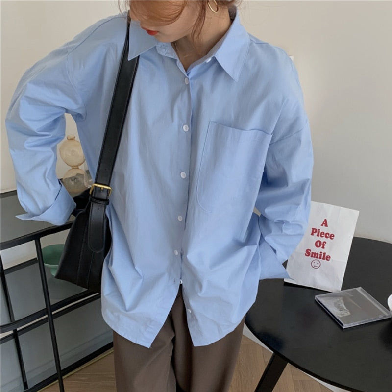Designed Women Long Shirt Oversize Blue Long Sleeve Korean Loose Ladies Casual Blue Shirt Fashion Button Up Female Tops
