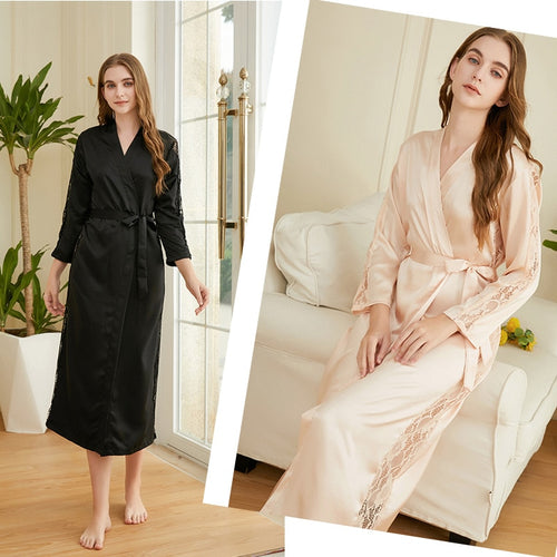 Load image into Gallery viewer, Women&#39;s Pajamas Robe Elegant Long Bathrobe Soild Sleepwear Silk Like Homewear V Neck Nightgown Femme пижама женская
