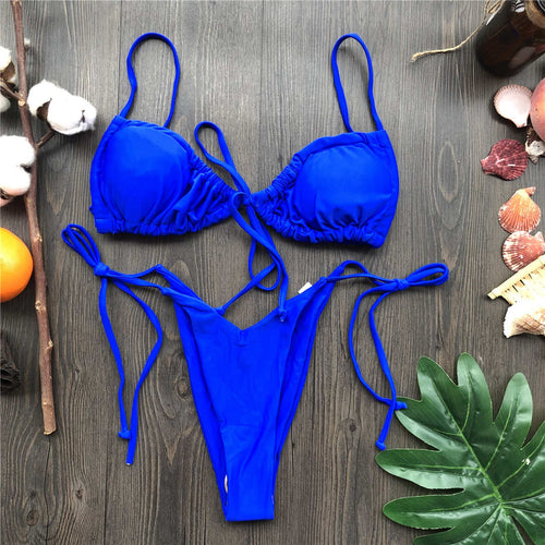 Load image into Gallery viewer, Wrinkled Lace Up Mini Thong Bikini Female Swimsuit Women Swimwear Two-Pieces Bikini set Tie Dye Bather Bathing Suit Swim V2552B
