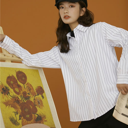 Load image into Gallery viewer, Simple Striped Women Shirt Autumn Long Sleeve 2022 New White Casual Korean Loose Tops Fashion Button Up Designed Shirts
