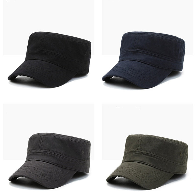 Solid Fitted Military Cap Male 100% Cotton Women's Spring Summer Hat Men's Baseball Cap Flat Top Military Hats